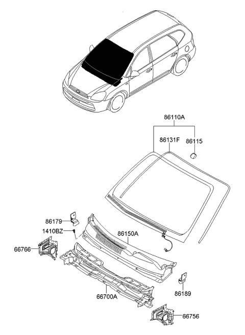 2011 Kia Rondo Windshield Glass Assembly Diagram for 861101D580