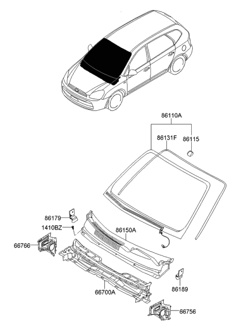 2009 Kia Rondo Glass-Windshield & Panel-Cowl Complete Diagram