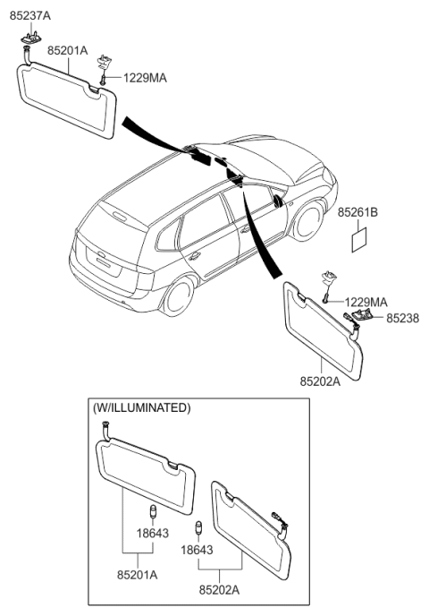 2008 Kia Rondo Mirror-Outside Rear View & Sunvisor Diagram 2