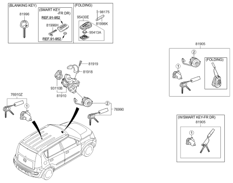 2013 Kia Soul Lock Key & Cylinder Set Diagram for 819052K591