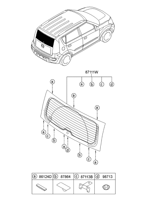 2013 Kia Soul Rear Window Glass & Moulding Diagram