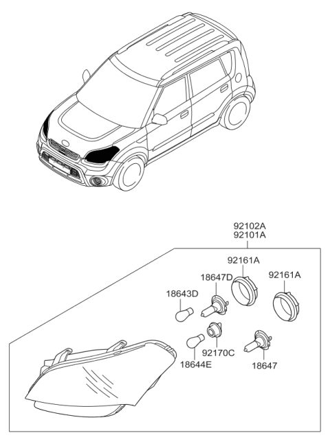 2013 Kia Soul Driver Side Headlight Assembly Diagram for 921012K620