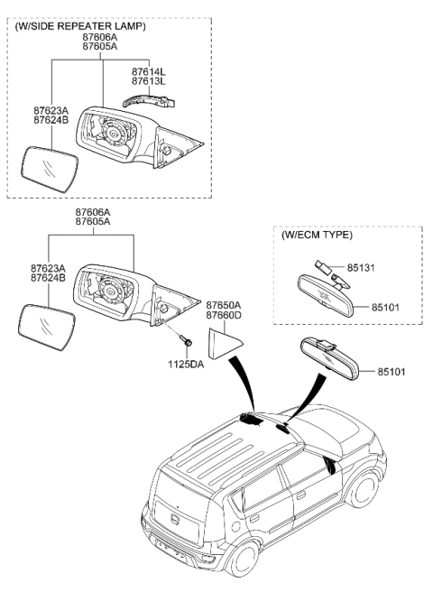2012 Kia Soul Outside Rear View Mirror Assembly, Right Diagram for 876202K871