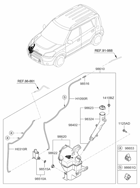 2012 Kia Soul Windshield Washer Reservoir Assembly Diagram for 986202K500