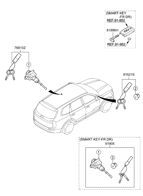 2022 Kia Telluride Lock Key & Cylinder Set Diagram for 81905S9000