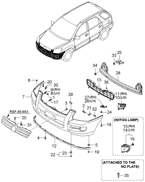 2006 Kia Sportage Front Bumper Mesh, Center Diagram for 865611F000