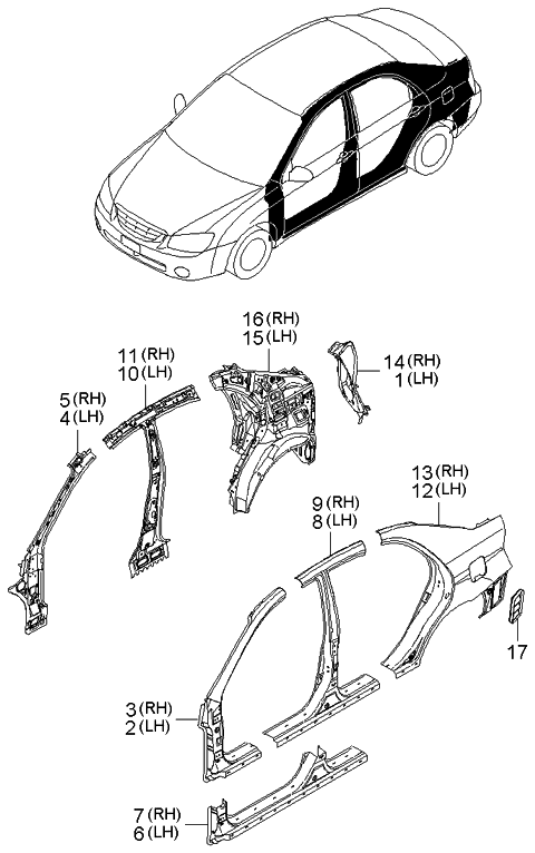 2005 Kia Spectra Side Body Panel Diagram