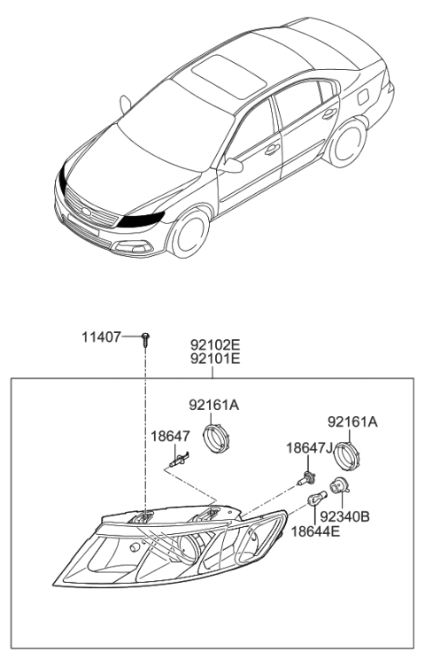 2010 Kia Optima Passenger Side Headlight Assembly Diagram for 921022G560