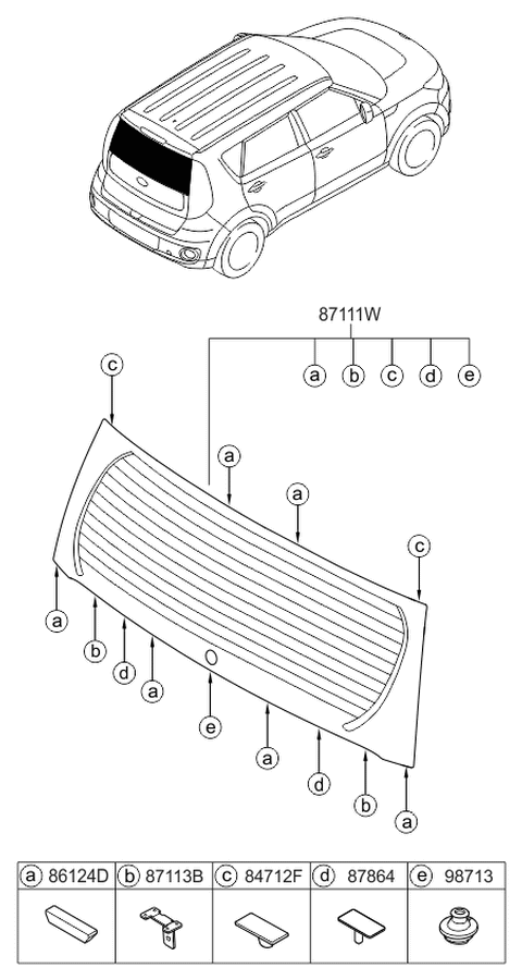 2019 Kia Soul EV Rear Window Glass & Moulding Diagram