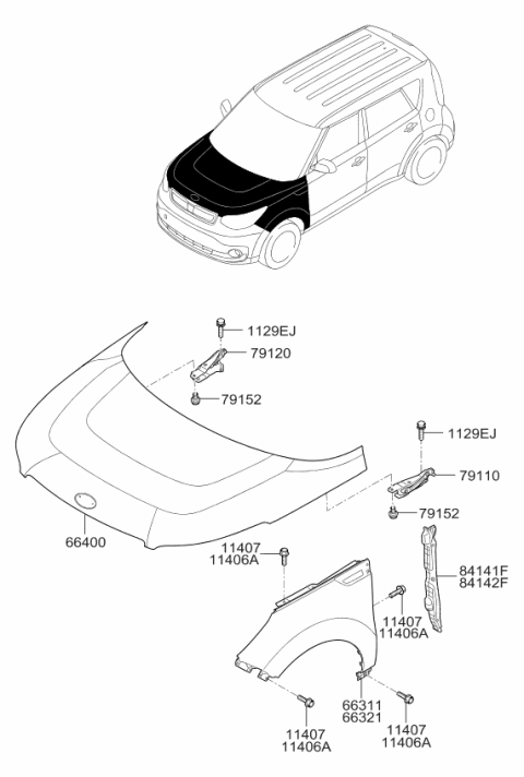 2016 Kia Soul EV Fender & Hood Panel Diagram