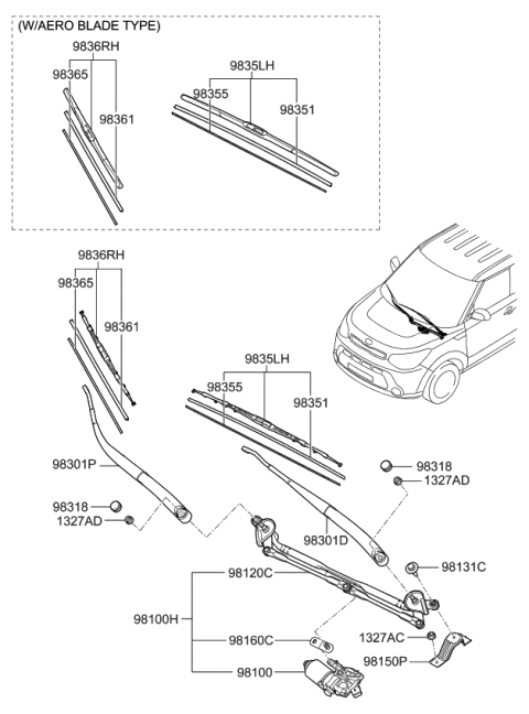 2017 Kia Soul EV Windshield Wiper Arm Assembly Passenger Diagram for 98302B2000