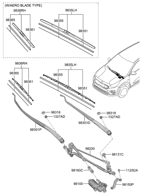 2022 Kia Niro EV Passenger Windshield Wiper Blade Assembly Diagram for 983611R000