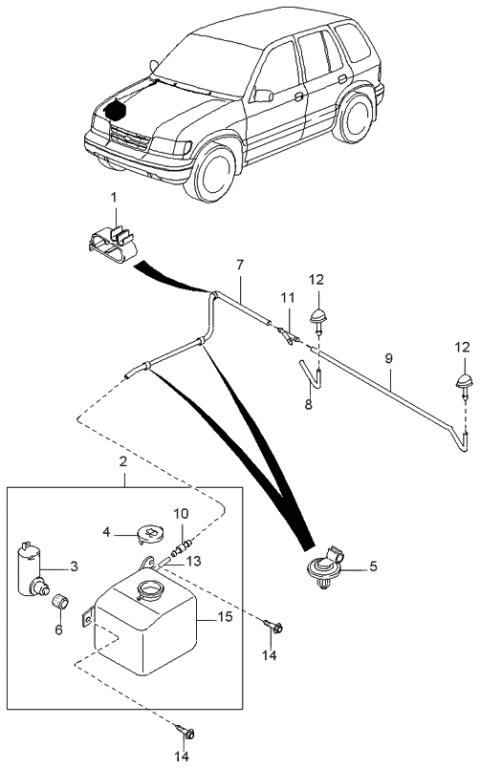 2000 Kia Sportage Windshield Washer Tank Assembly Diagram for 0K09C67480A