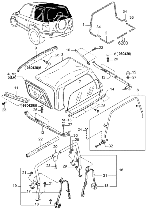 1997 Kia Sportage Header RETAINER Assembly Diagram for 0K01D50930F