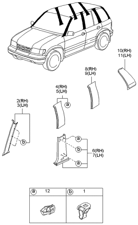 1999 Kia Sportage Trim-C PILLER,RH Diagram for 0K01968271E70