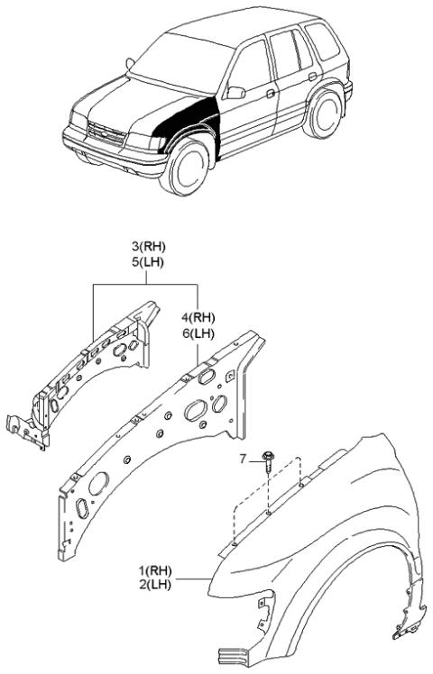 2000 Kia Sportage Fender & Wheel Apron Panels Diagram