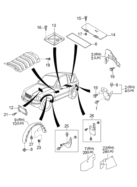 2000 Kia Sportage Mud Guard Front,RH Diagram for 0K0185623X