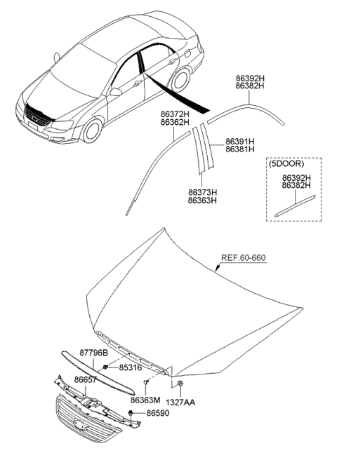 2009 Kia Spectra SX Guard-Radiator Grille Upper Diagram for 863612F500