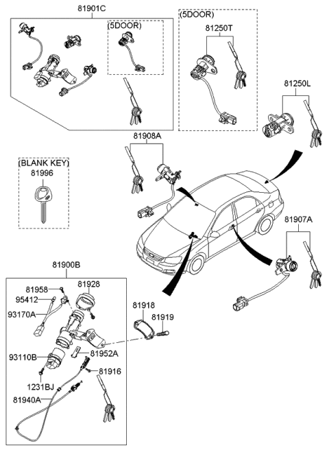 2007 Kia Spectra5 SX Key & Cylinder Set Diagram