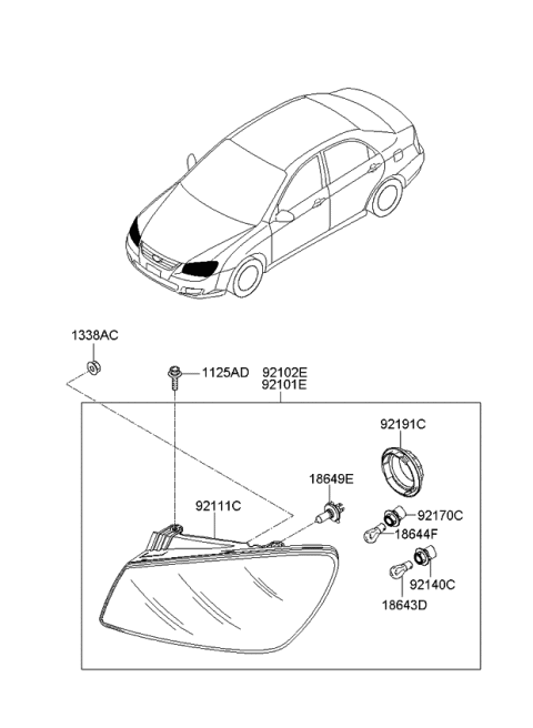 2008 Kia Spectra SX Driver Side Headlight Assembly Diagram for 921011L010