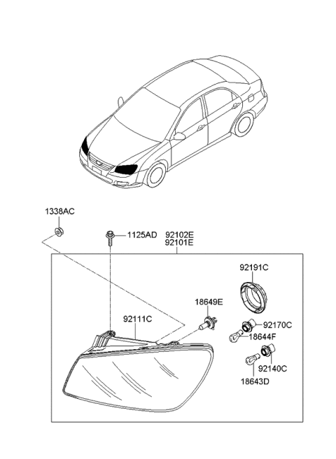 2008 Kia Spectra SX Passenger Side Headlight Assembly Diagram for 921021L010