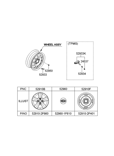 2008 Kia Spectra5 SX Wheel & Cap Diagram