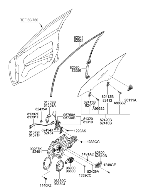 2009 Kia Spectra SX Front Door Window Regulator & Glass Diagram