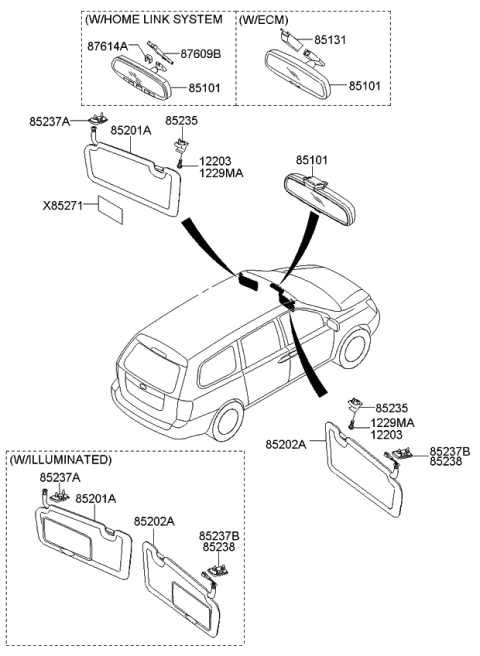 2011 Kia Sedona Sunvisor Assembly Left Diagram for 852104D113TW