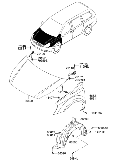 2010 Kia Sedona Fender & Hood Panel & Wheel Guard-Front Diagram