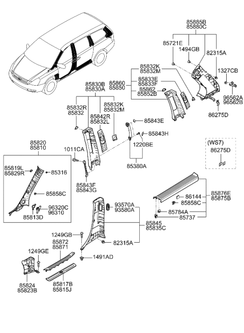 2012 Kia Sedona Trim Assembly-Center Pillar Diagram for 858404D100QW