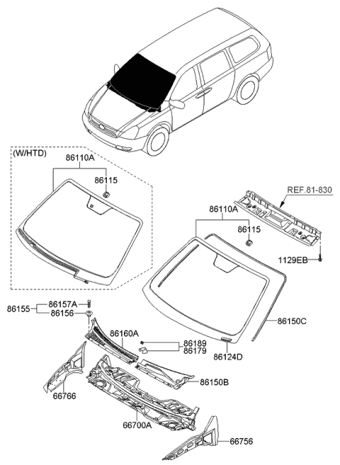 2012 Kia Sedona Windshield Glass Assembly Diagram for 861104D090