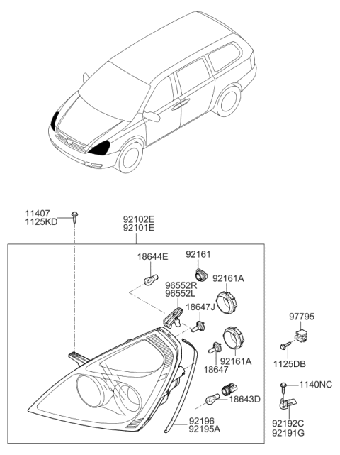 2011 Kia Sedona Passenger Side Headlight Assembly Diagram for 921024D080