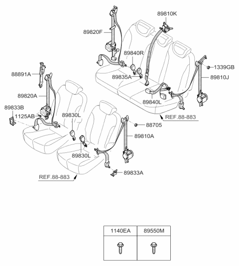 2007 Kia Sedona 3Rd Seat Belt Assembly Right Diagram for 898204D550CS