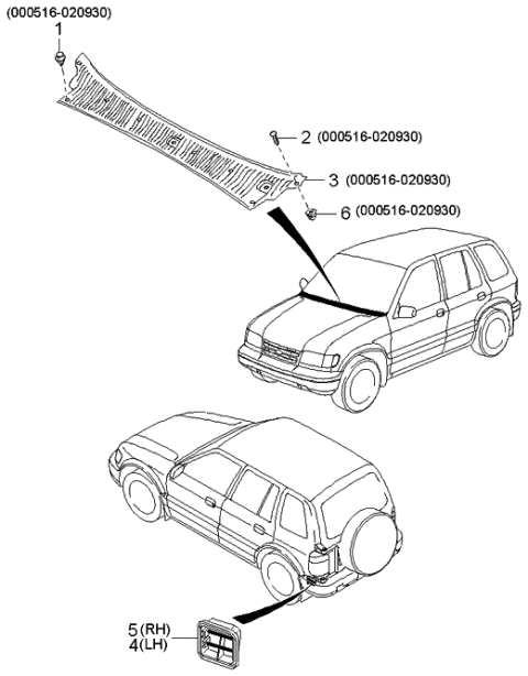 2000 Kia Sportage New Body Style Cowl & Extractor Grille Diagram