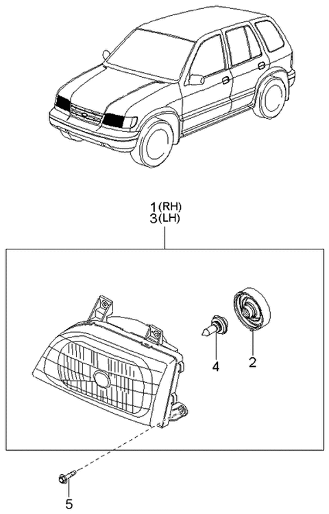 2000 Kia Sportage Passenger Side Headlight Assembly Diagram for 0K08A51030B