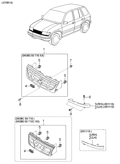 2000 Kia Sportage Front Radiator Grille Assembly Diagram for 0K07050710XX