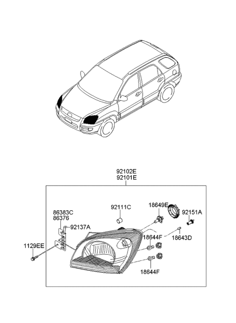 2009 Kia Sportage Passenger Side Headlight Assembly Diagram for 921021F031