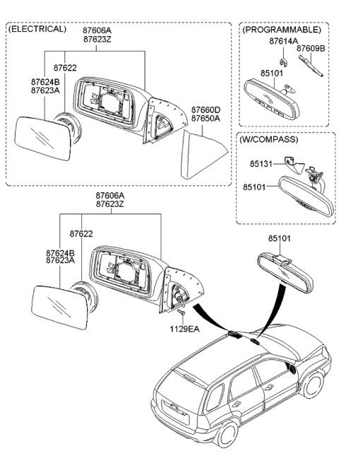2006 Kia Sportage Outside Rear View Mirror & Holder Assembly, Left Diagram for 876111F001