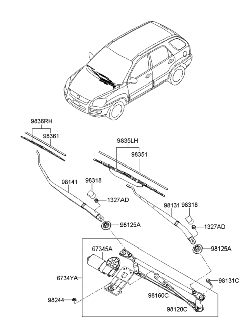 2008 Kia Sportage Passeger Windshield Wiper Blade Assembly Diagram for 983601F000