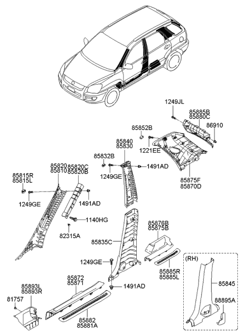 2006 Kia Sportage Trim Assembly-Center Pillar Diagram for 858401F000LX