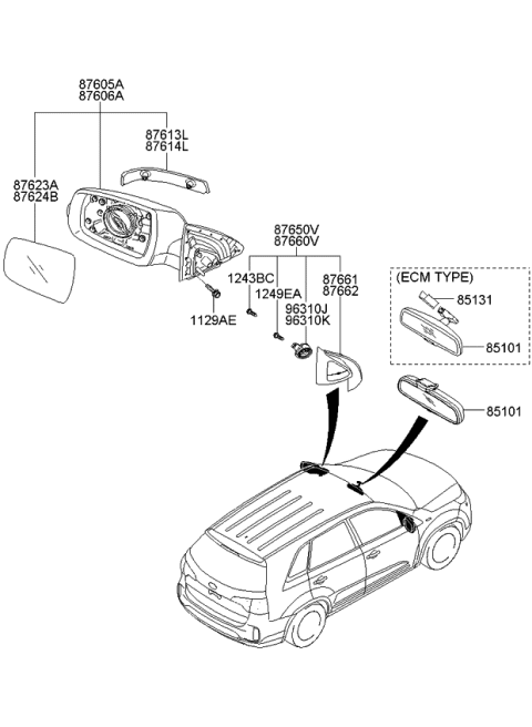 2014 Kia Sorento Outside Rear View Mirror Assembly, Right Diagram for 876201U500