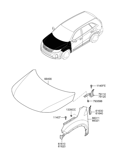 2014 Kia Sorento Fender & Hood Panel Diagram