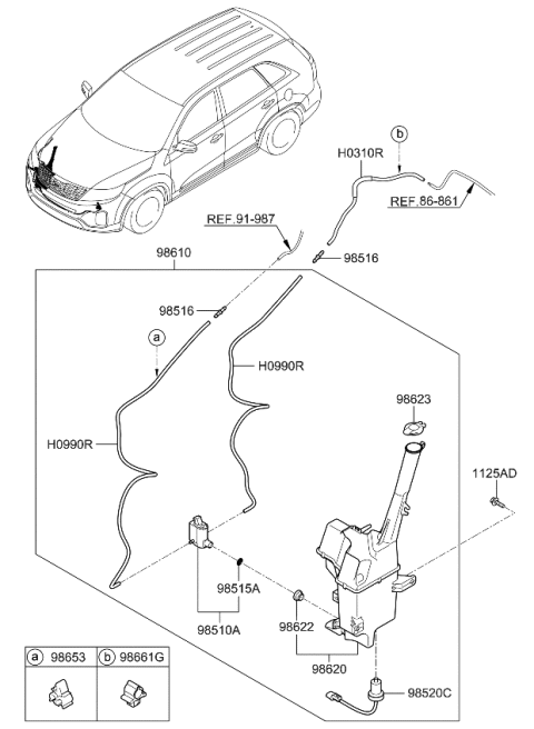 2013 Kia Sorento Windshield Washer Reservoir Assembly Diagram for 986201U710