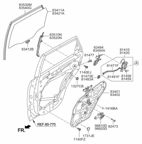 2014 Kia Sorento Rear Door Window Regulator & Glass Diagram