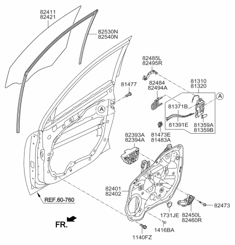 2014 Kia Sorento Front Door Window Regulator & Glass Diagram