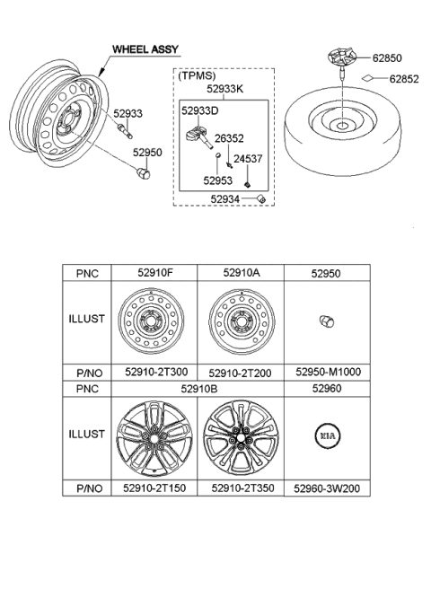 2011 Kia Optima Wheel Hub Cap Assembly Diagram for 529602T100