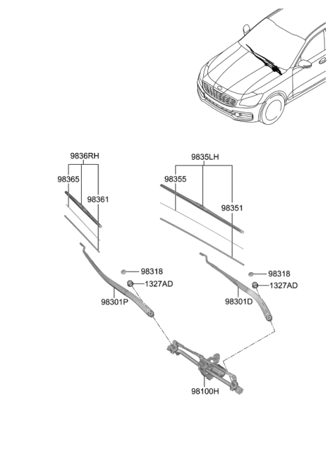 2020 Kia K900 Passeger Windshield Wiper Blade Assembly Diagram for 98360S1000