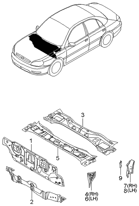 2005 Kia Rio Dash & Cowl Panels Diagram