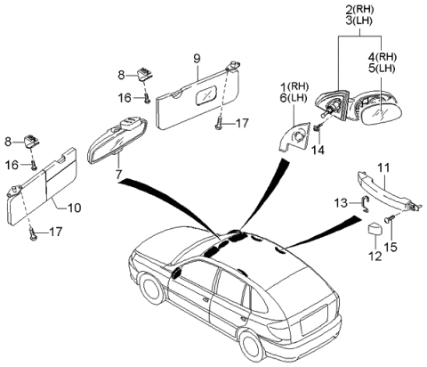 2005 Kia Rio Sunvisor & Assist Handle & Mirror Diagram 3