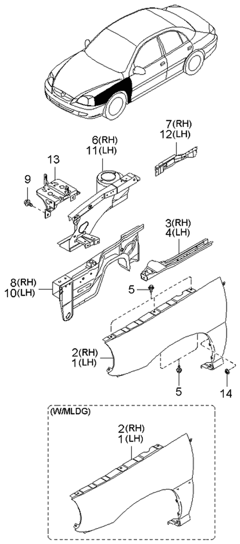 2003 Kia Rio Fender & Wheel Apron Panels Diagram 1